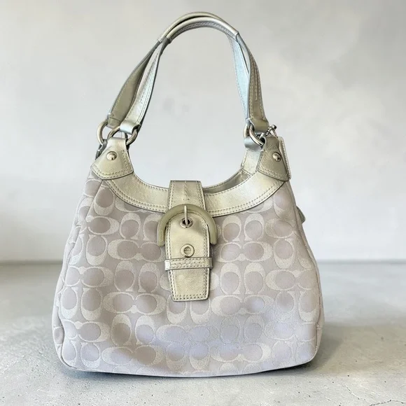 Coach Grey Pale Lilac & Silver Signature Hobo Shoulder Bag Vintage - Picture 1 of 14